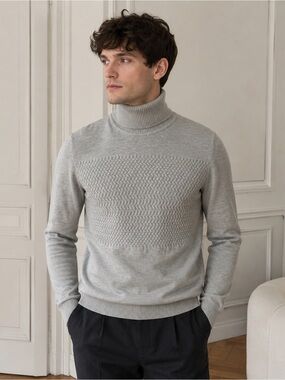 HUGO Boss Gray Virgin Wool Cotton Textured Turtleneck Sweater Men Small Preppy
